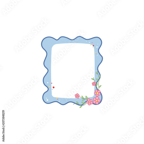 Cute Blue Wavy Border Rectangular Frame with Pink Flowers Vector Illustration