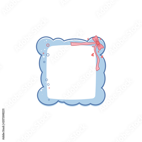 Cute Blue Scalloped Square Frame with Pink Ribbon Bow Vector Illustration