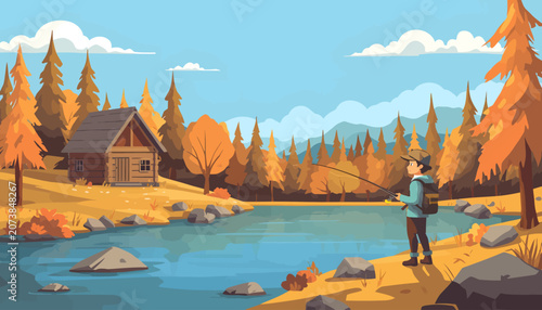 Autumn Lake Fishing Landscape Illustration