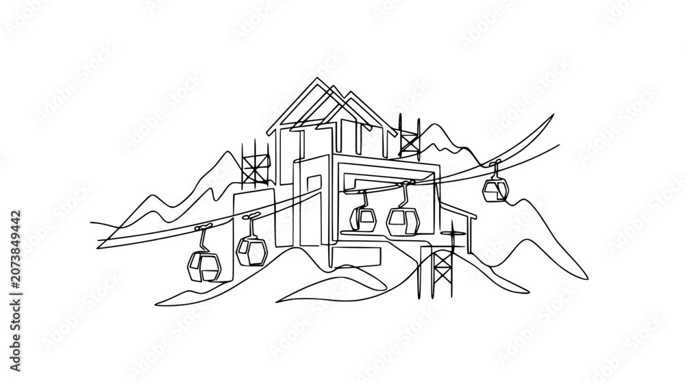 Fototapeta premium Mountain Resort Gondola Station with Cable Cars, Abstract Line Art