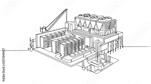 Data Center Construction: Server Racks, Cooling Systems, and Crane in Line Art