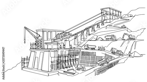 Fotografija Construction site with dam, heavy machinery, and workers, illustration