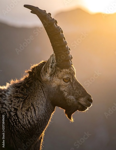 Goat in mountain landscape at sunset.