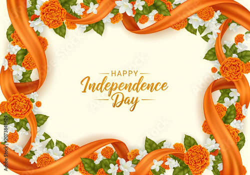 Vibrant orange ribbon and flower frame for independence day