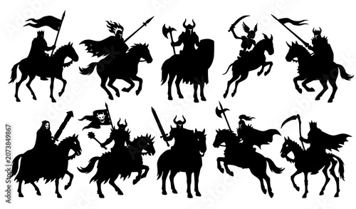 Fotografía Black Fantasy Cavalry Silhouettes Featuring Medieval Devil Knights Skeletal Hors