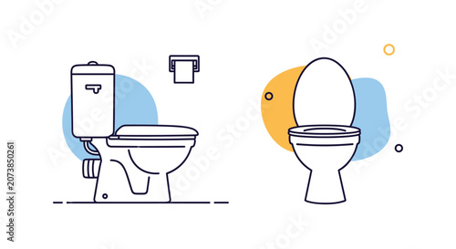 Two modern toilet bowl icons in profile and front view illustrated with simple blue and orange geometric shapes on a white background.