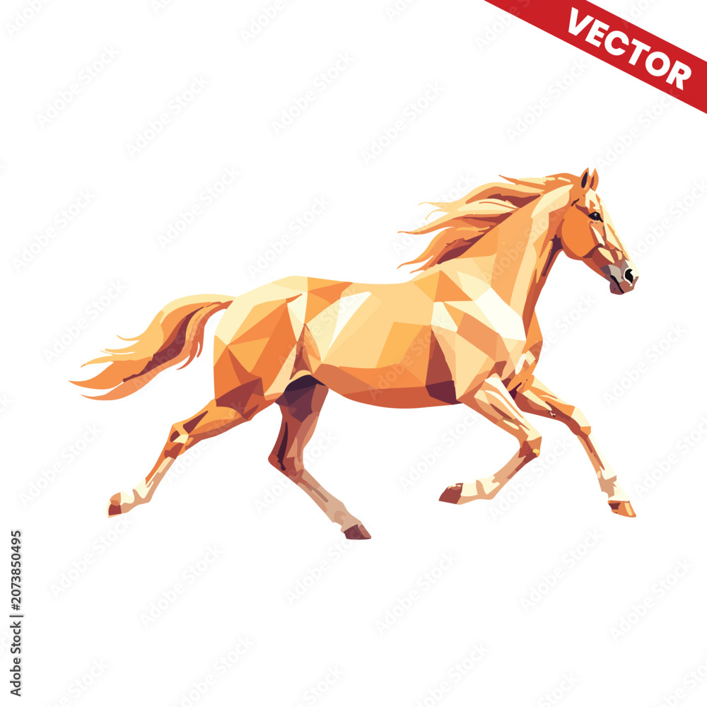 Obraz premium Action Pose Horse Low Poly Vector, Galloping Golden Equine Illustration, Geometric Animal Graphic for Branding, Powerful Horse Artwork for Creative Design, High-Quality Vector Asset