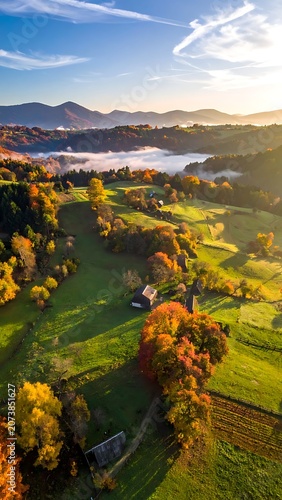 Aerial view of autumn landscape with lake.