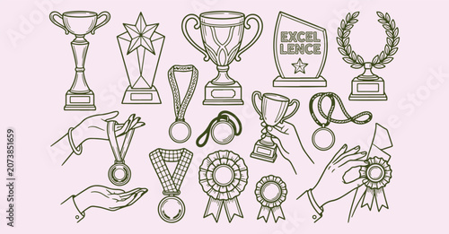Schilderij op canvas hand drawn champion trophy pattern, success award sketch background, competition
