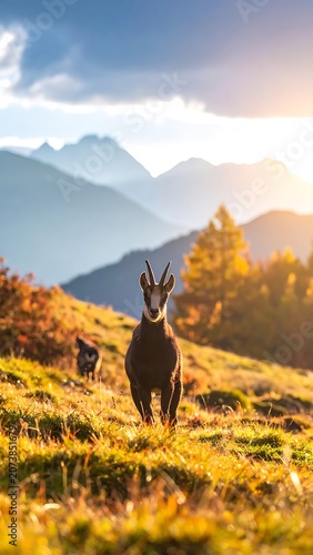 Chamois in mountain landscape with grass.