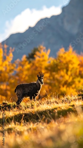 Deer standing in autumn mountain landscape.