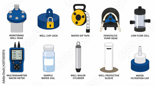 Photos Collection of industrial water well equipment and tools.