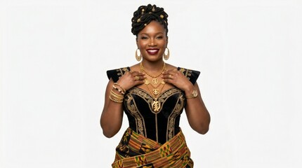 Beautiful Black woman in regal black velvet gold dress smiling proud African heritage portrait isolated