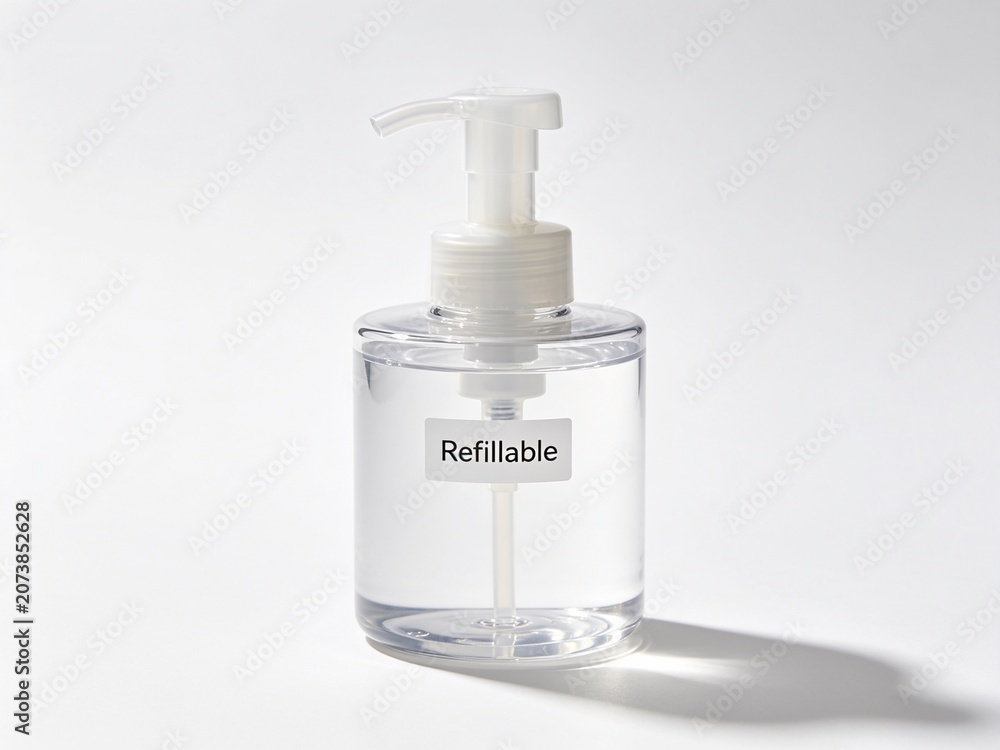 Fototapeta premium Transparent refillable pump bottle on a plain white background