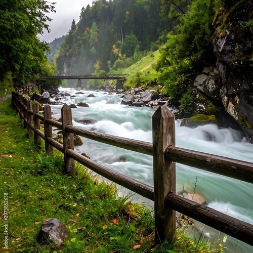 Wooden fence along a river landscape.