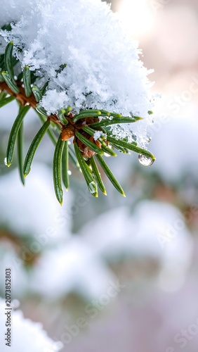 Snowy Pine Tree Branch Closeup Winter.