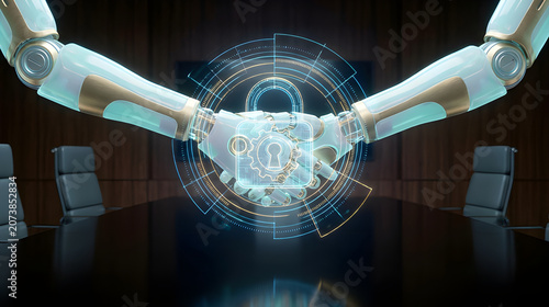 Surreal photo of glowing digital robotic hands shaking and generating a radiant smart contract lock.