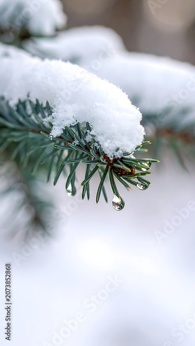 Snowy pine tree branch closeup winter.