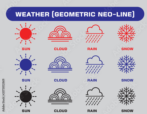 Weather forecast icon set in geometric neo-line style isolated on background.