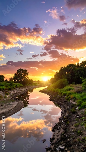 Sunset over serene river landscape scene.