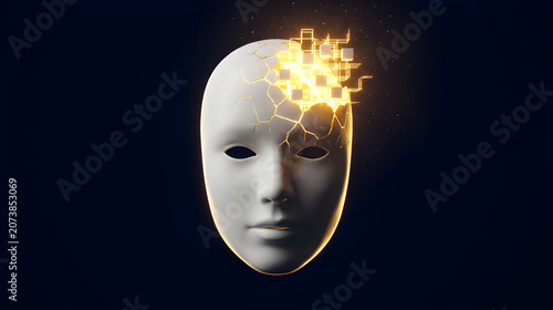 Cinematic photo of a floating white face mask revealing a glowing golden blockchain node on its forehead.