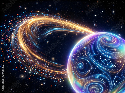 Abstract glowing planet with golden rings floating in deep space with colorful light swirls and sparkling stars in the universe