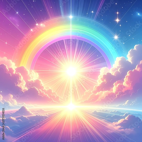 Vibrant Rainbow Sky with Sun Clouds.