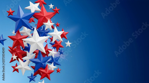 Group of red white and blue stars floating on a festive background for patriotic holidays and celebrations in the united states