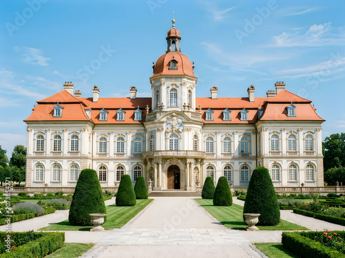 Grand historic palace with orange roof and manicured green garden under a clear blue sky on a sunny summer day in germany