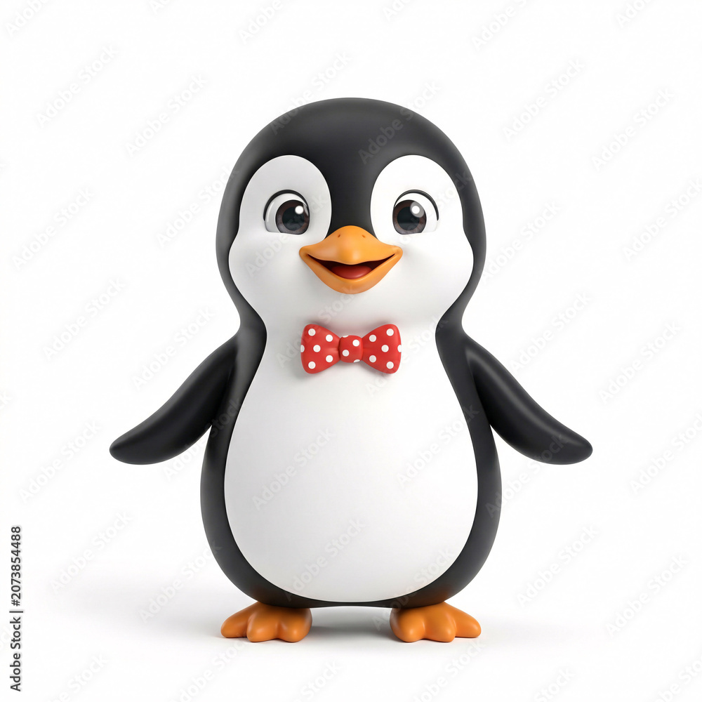 Fototapeta premium Pingouin Mignon avec Nœud Papillon Isolé sur Fond Blanc