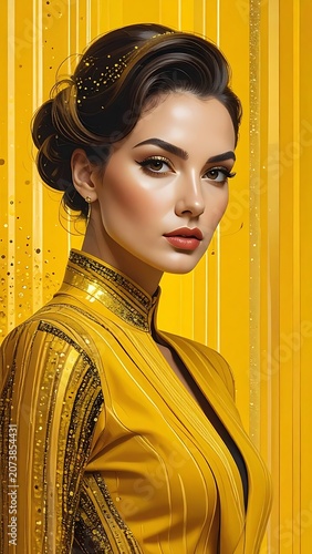 Woman in gold dress portrait studio.
