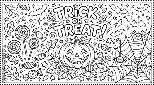 Helloween trick or treat coloring page spooky jack o' lantern candy and halloween decorations