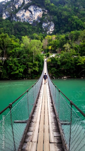 Suspension bridge over green river.