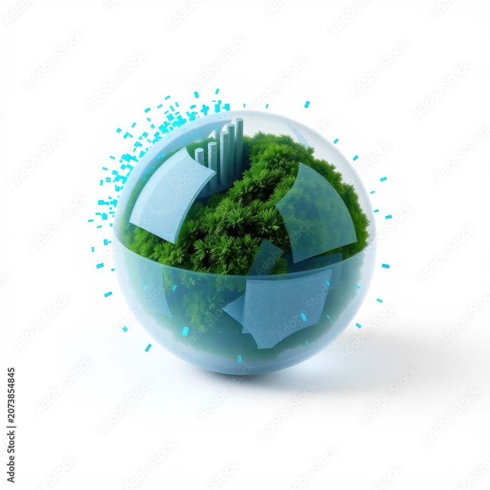 Fototapeta premium Globe depicts nature, technology fusion. Green forest inside transparent sphere. Digital elements surround it, symbolizing connectivity.