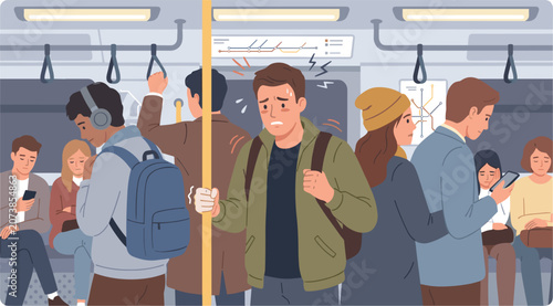 Konstfotografi Crowded Subway Train Carriage Vector Illustration with Anxious Male Passenger Ex