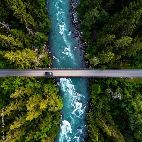 Aerial view of car on bridge over river.