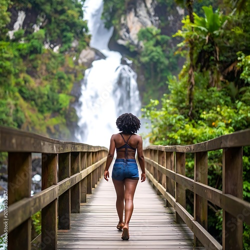 Woman walking towards a waterfall.