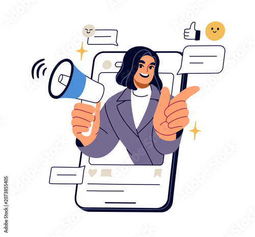 Social media promotion, targeted ad, advertising post on smartphone screen. O...