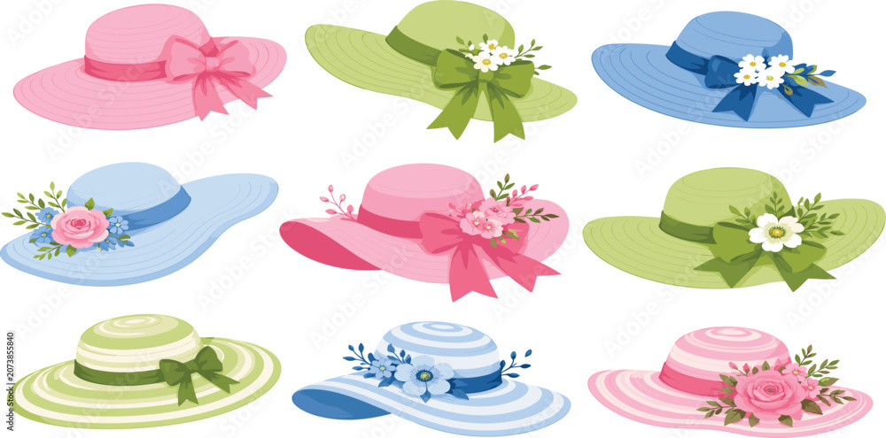 Obraz premium Elegant Women Sun Hats Vector Icon Set with Floral Arrangements Ribbons and Bows for Spring Fashion Garden Parties and Summer Vacation Graphic Designs