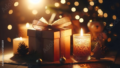 Dark gift box with gold ribbon amid holiday candles and bokeh.
