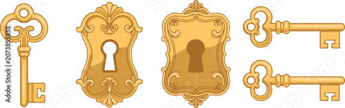 Vintage golden key and keyhole set with ornate victorian metal hardware for antique doors lockers and jewelry boxes decorations.