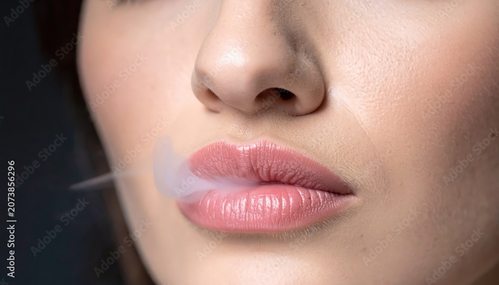 Naklejka premium Close-Up of Woman's Lips with Smoke in Studio Lighting