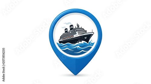 Blue map pin pointer with cruise ship icon isolated on white