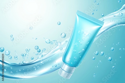 A tube of lotion surrounded by a wave of water and bubbles on a blue background