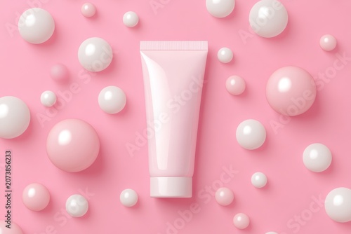 A pink tube of cream surrounded by various sized white and pink bubbles on a pink background