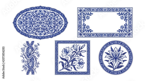 Vintage blue porcelain ornaments, set of 5 floral ceramic vector elements, traditional chinoiserie borders and decorative tile patterns isolated on White Background