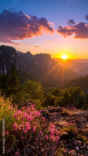 Sunset over mountain range with flowers.