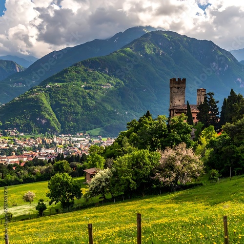 Scenic view of castle and mountains.