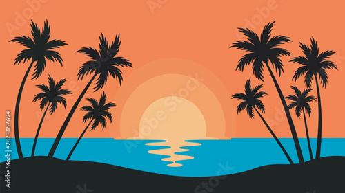 Palm trees silhouetted against a vibrant sunset sky create a serene coastal atmosphere for travel.
