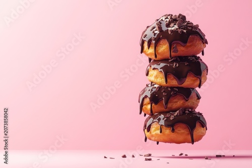 A stack of three doughnuts with chocolate glaze floating against a pink background